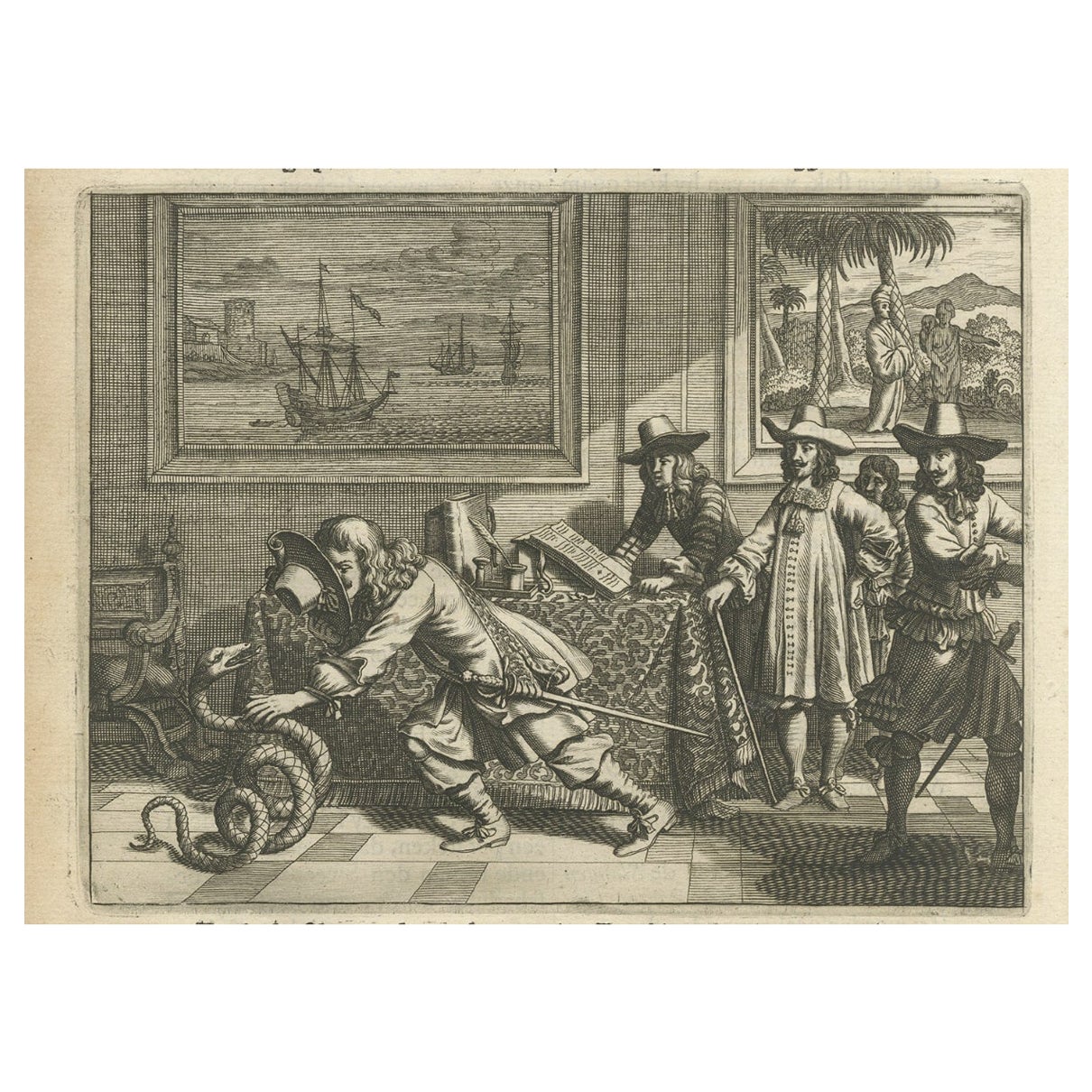 Rare Antique Print of the Catching of a Snake By Europeans in Asia, 1672 For Sale