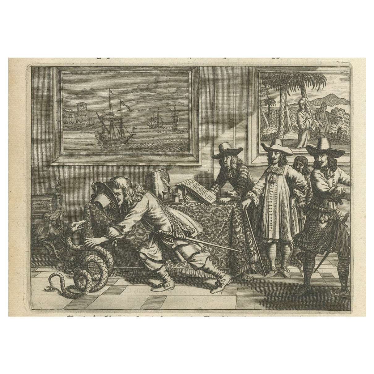Raro grabado antiguo de la captura de una serpiente por europeos en Asia, 1672