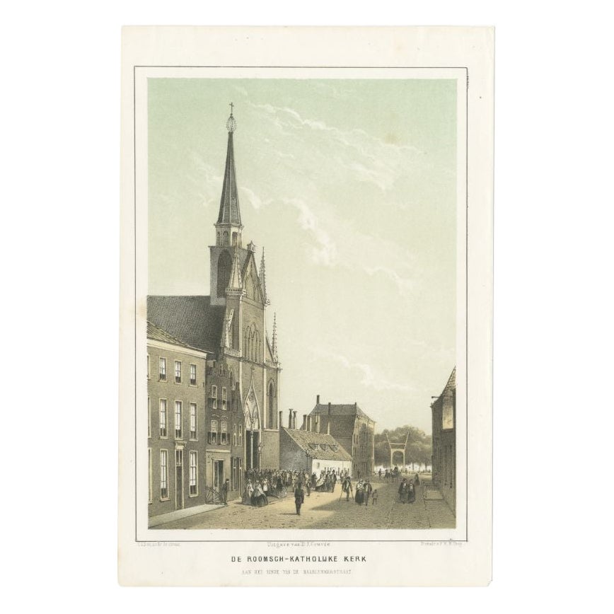 Antique Print of the Catholic Church of Leiden, the Netherlands, 1859