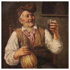 19th Century Oil on Canvas Italian Signed Portrait Painting Wine Drinker, 1880