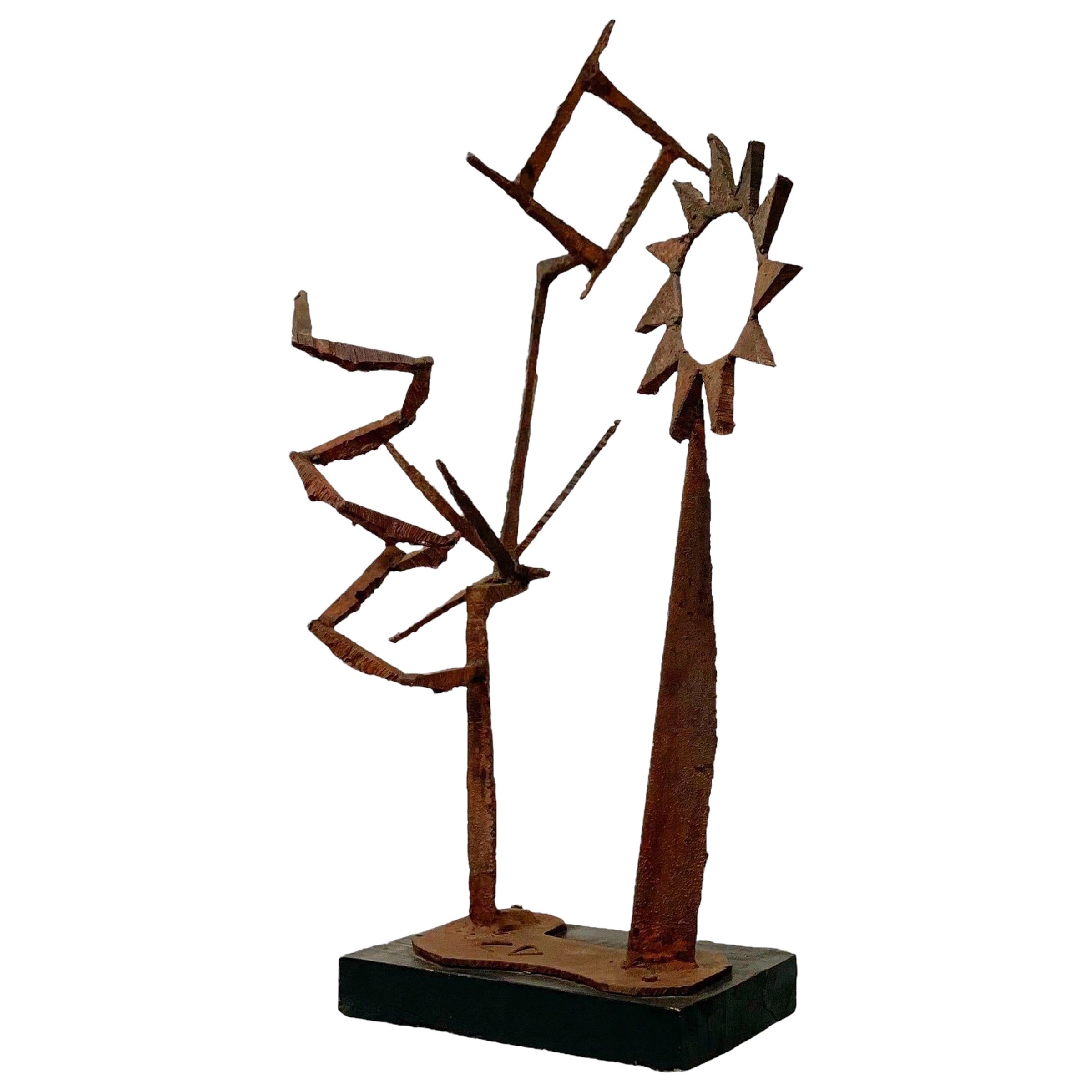 Mid-Century Modern Brutalist Metal Sculpture, Torch Cut Sun Statue For Sale