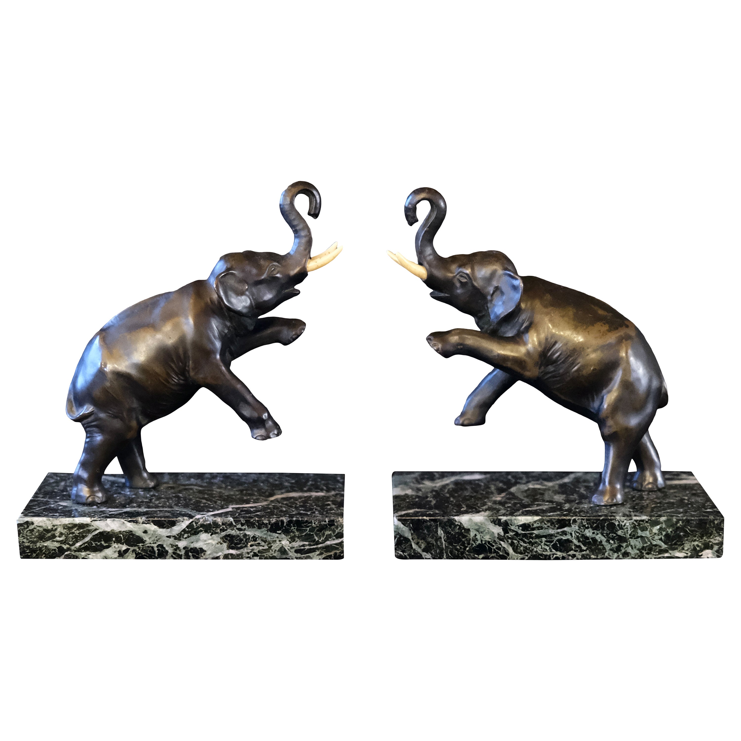 French Art Deco Bronze Bookends with Elephants