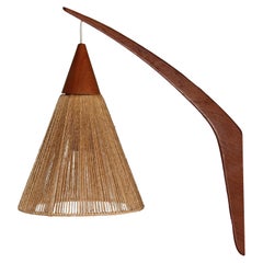 Ib Fabiansen Boomerang Wall Light by Fog & Mørup, Teak + Jute Shade Denmark 60s