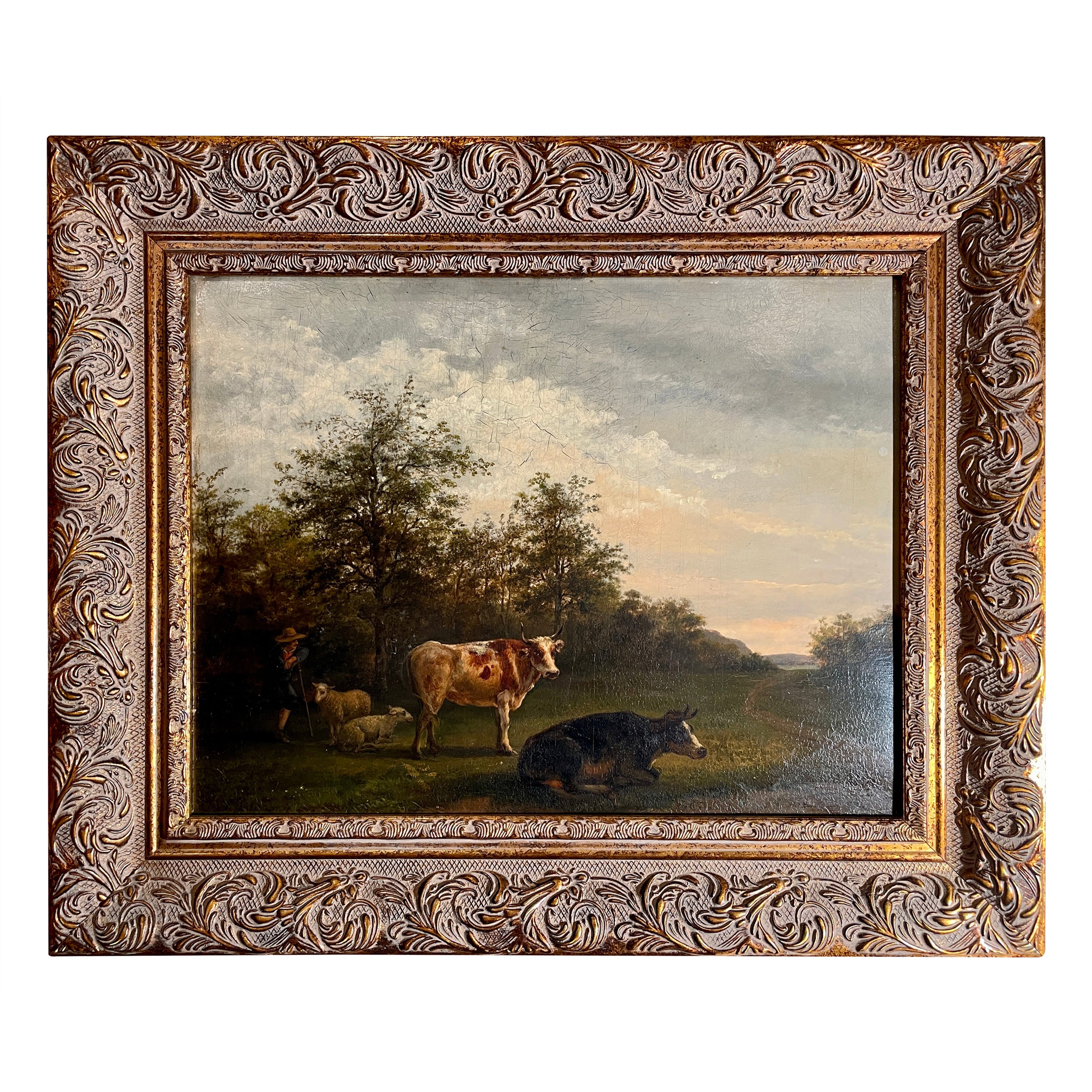 Antike niederländische gerahmte Landschaft, Öl auf Tafel, pastorales Gemälde, 19. Jahrhundert im Angebot