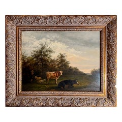 Antique 19th Century Dutch Framed Landscape Oil on Panel Pastoral Painting