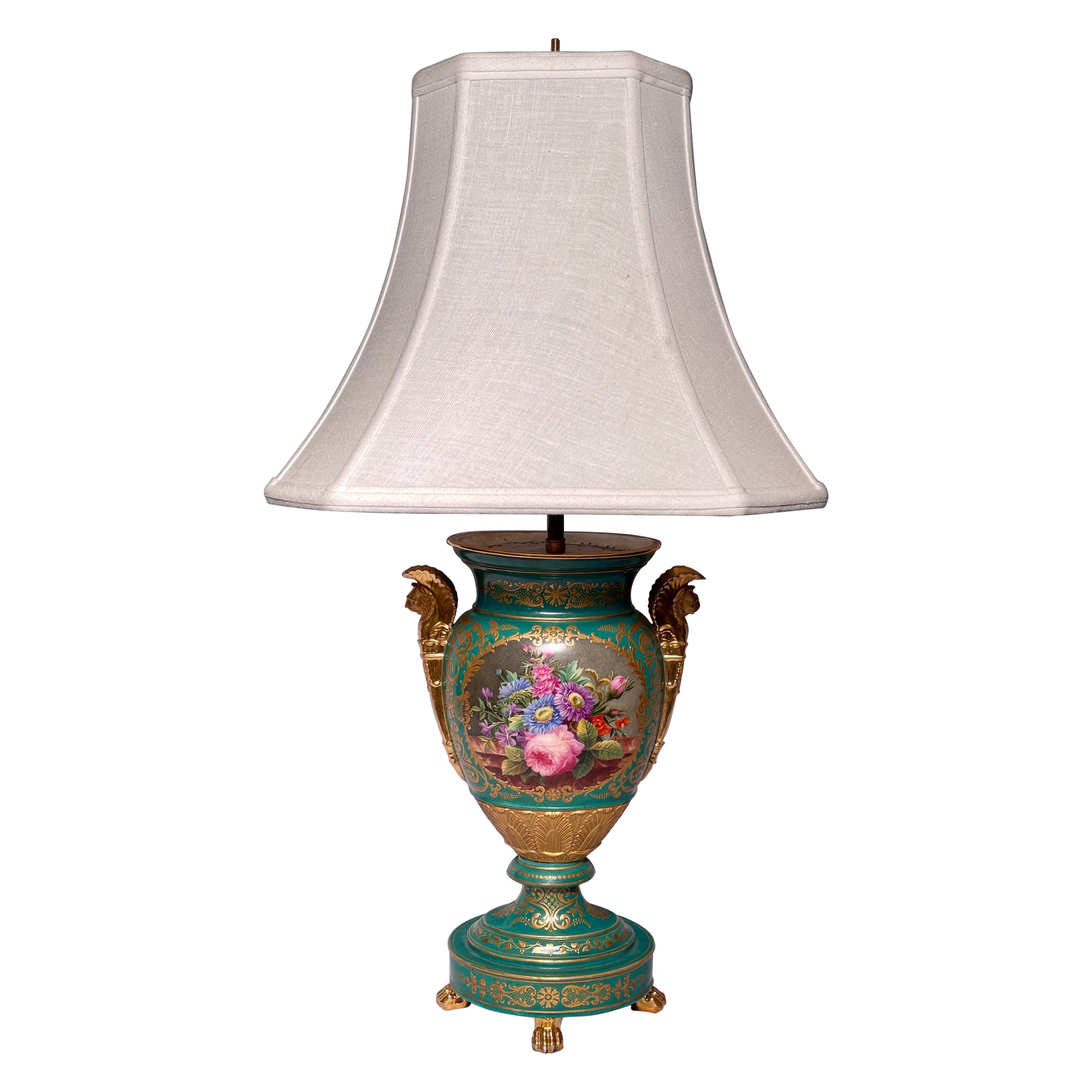 Antique 19th Century French Green and Gold Painted Porcelain Lamp, Circa 1860 For Sale