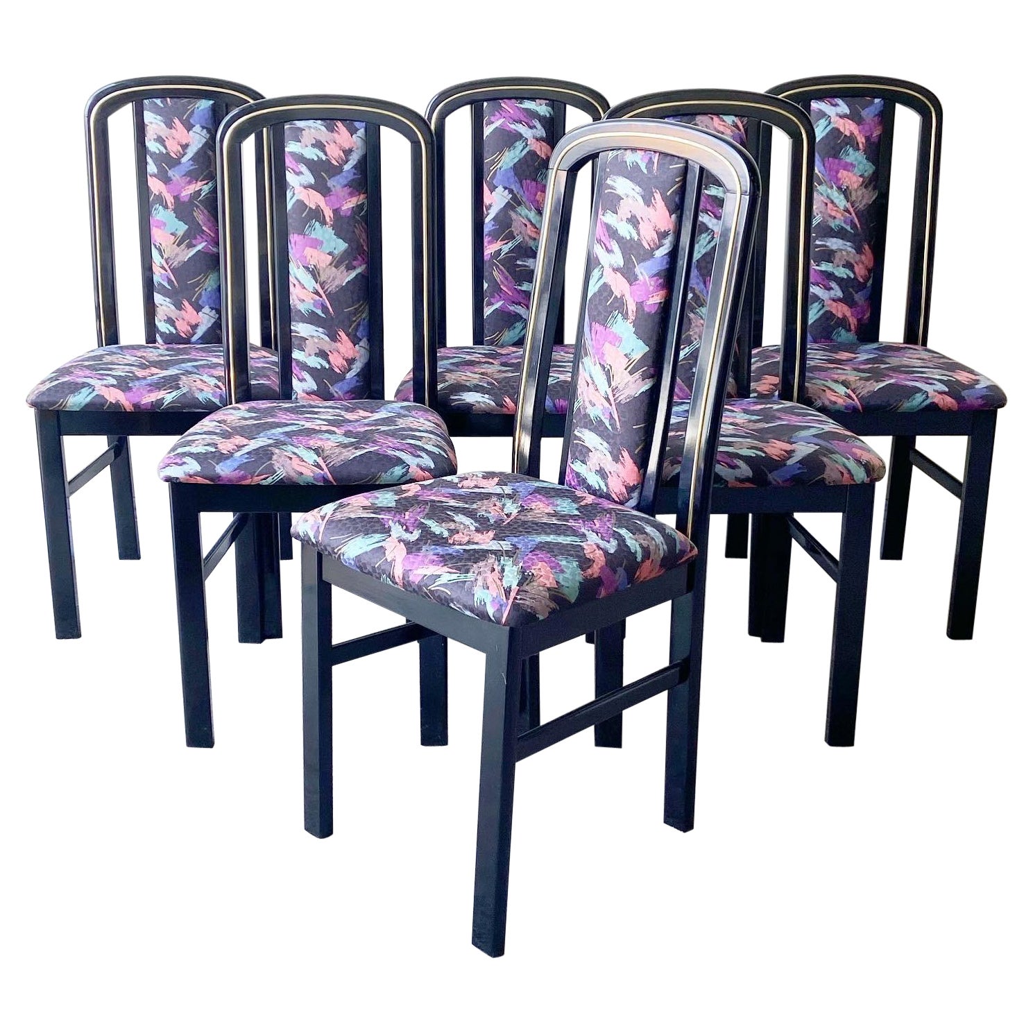 Art Deco Multi Color Fabric Dining Chairs, Set of 6