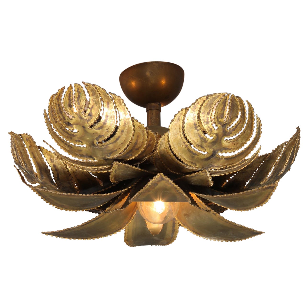 Maison Jansen Brass Palm Scone Chandelier, Hollywood Regency, France, 1970s