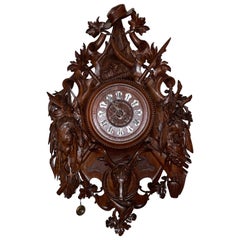 Antique Carved Oak "Black Forest" Hunting Motif Wall Clock, Circa 1890
