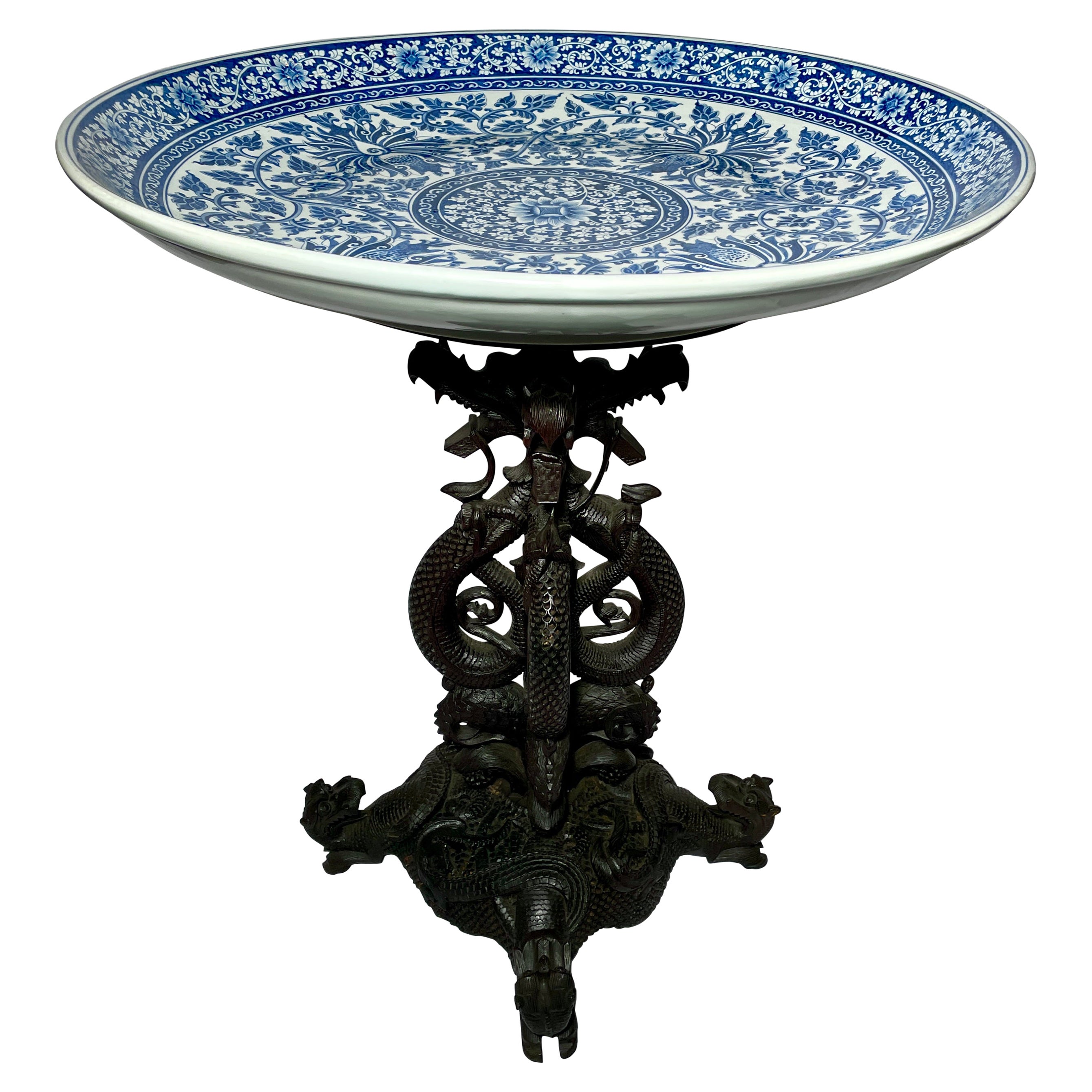 Antique Asian Blue & White Porcelain and Carved Hardwood Table, circa 1900s For Sale