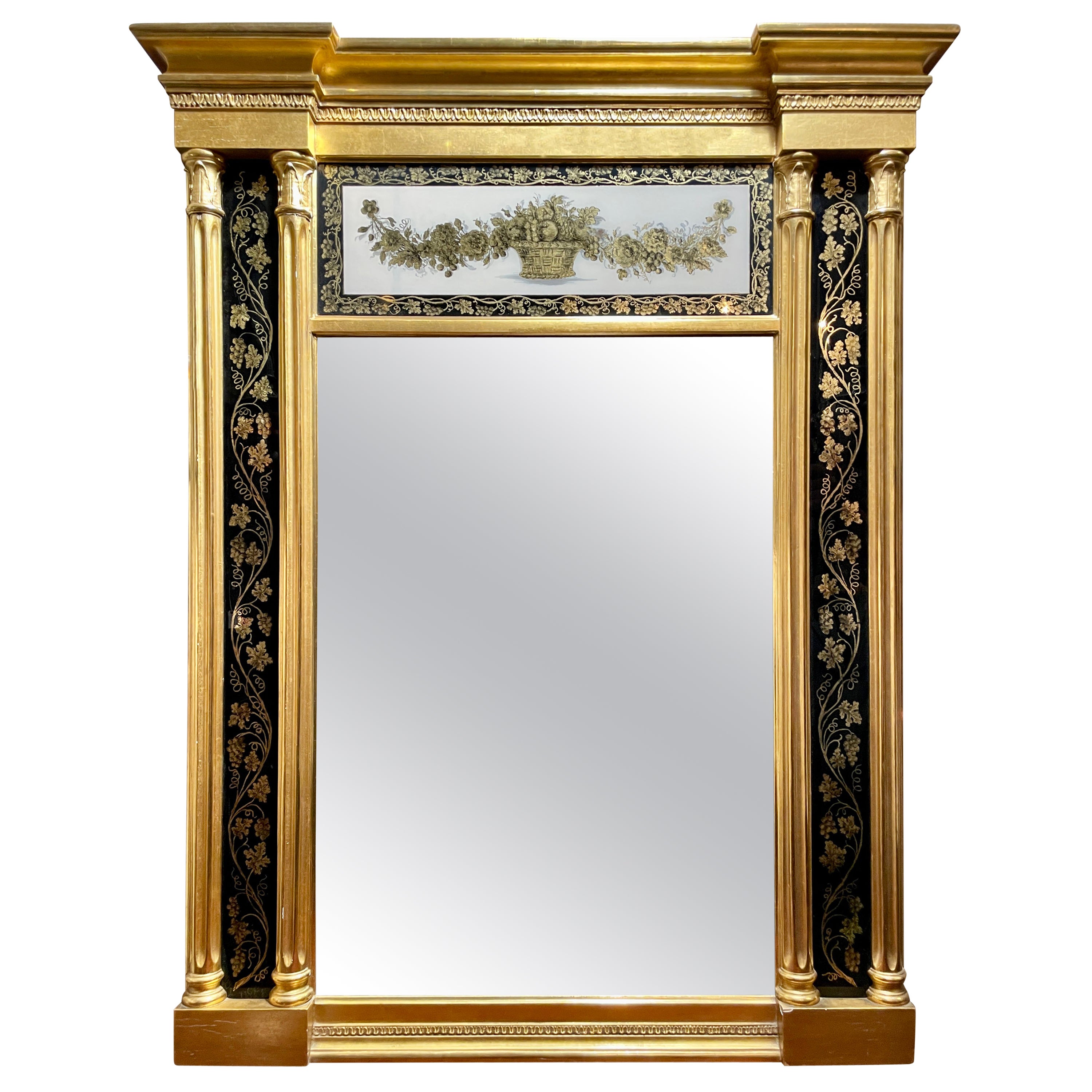 Antique English Gold Leaf and Reverse Painted Glass Eglomise Mirror, Circa 1920