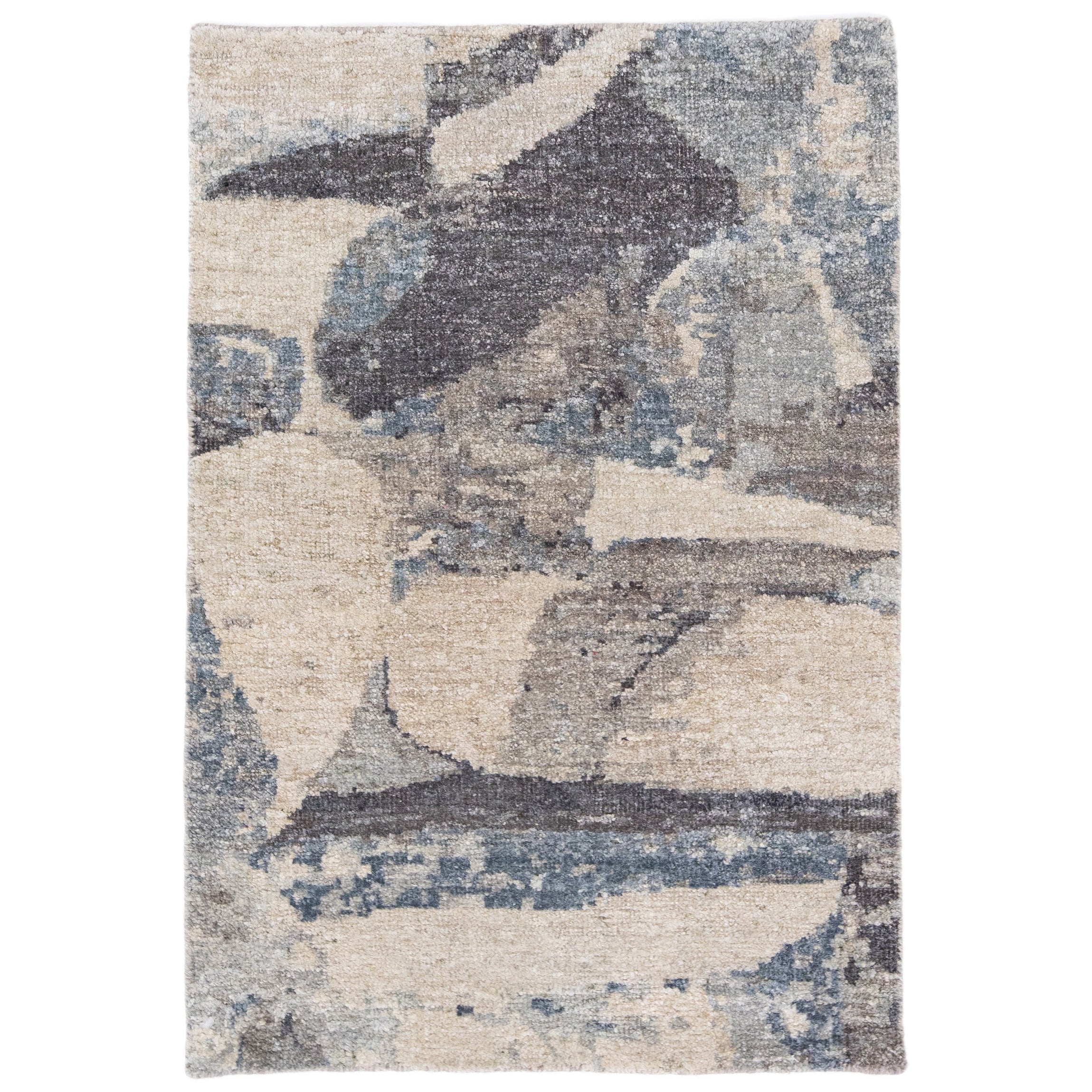 Moderner moderner handgefertigter blau/grauer abstrakter Teppich aus Wolle und Seide im Angebot