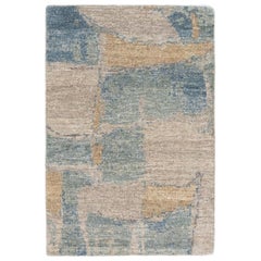 Tapis moderne fait à la main en laine et soie bleu/marron abstrait, fait sur mesure