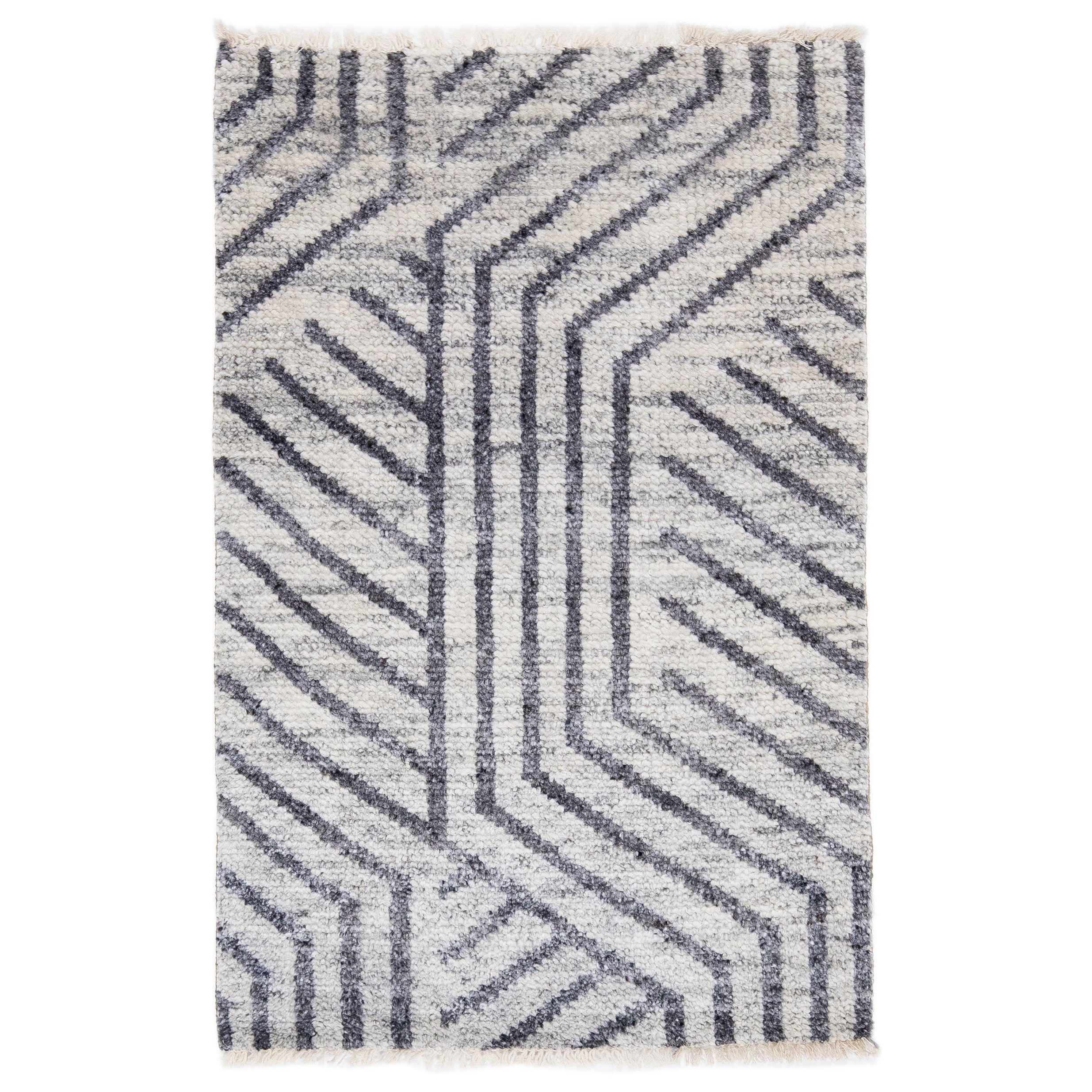 Moderner moderner handgefertigter grauer geometrischer Teppich aus Wolle und Baumwolle im Angebot