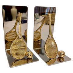 Vintage Pair of Polished Brass and Chrome Tennis Racket Bookends