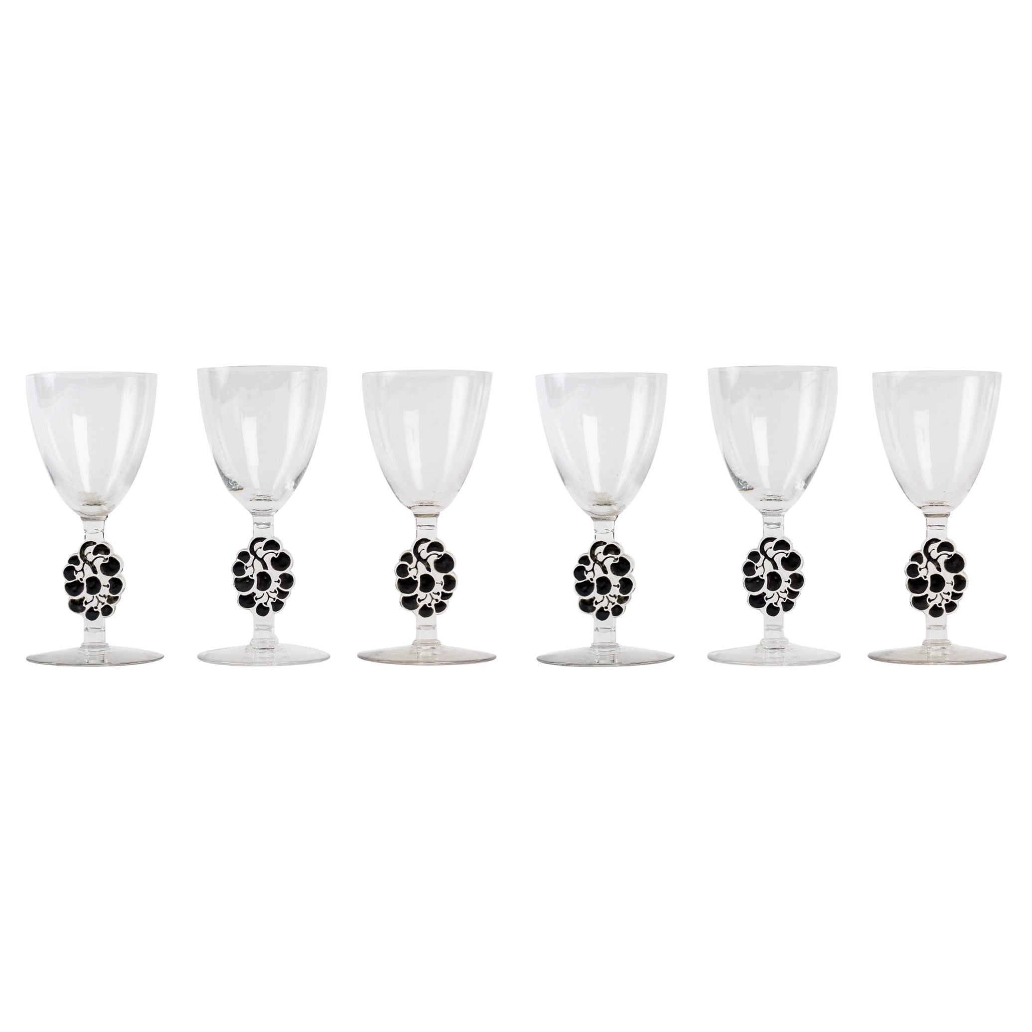 1924 René Lalique Set of 6 Pieces Glasses Thionville Black Enamel