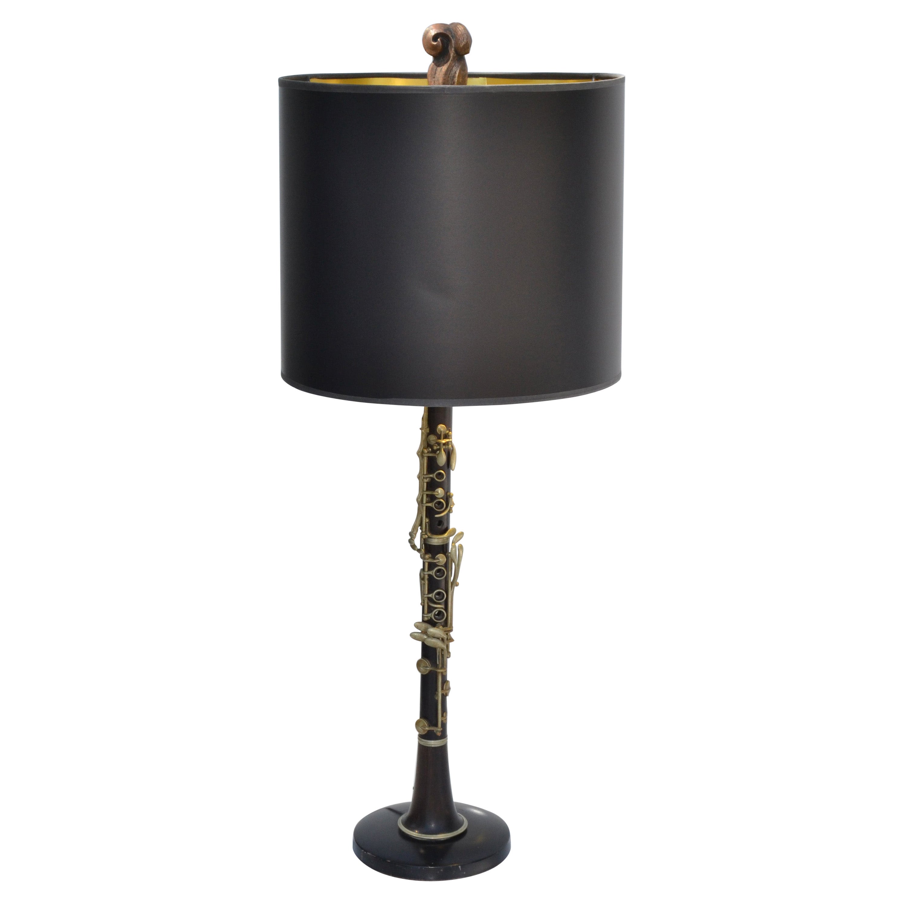 French Neoclassical Clarinet Wood Brass & Metal Table Lamp Black Gold Drum Shade For Sale