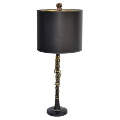 Retro French Neoclassical Clarinet Wood Brass & Metal Table Lamp Black Gold Drum Shade