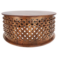 Carved Wood Criss-Cross Grained Drum Coffee Table