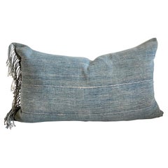Vintage Faded Blue Indigo Stripe African Mudcloth Pillows with Fringe