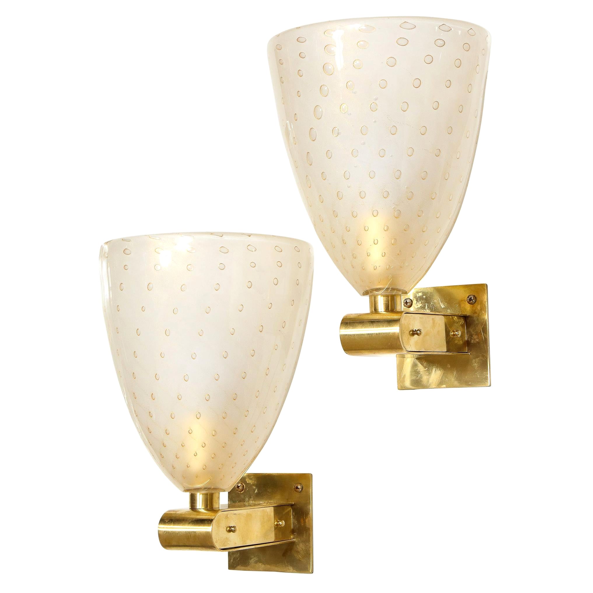 Modernist Brass Sconces with Hand Blown Murano 24-Karat Gold Glass with Murines For Sale