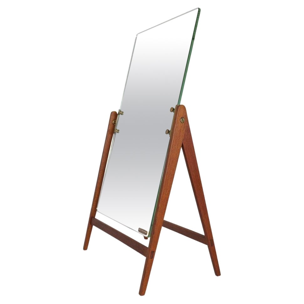 Specchio da tavolo grande e raro di metà secolo di Hans-Agne Jakobsson in ottone e teak, Svezia