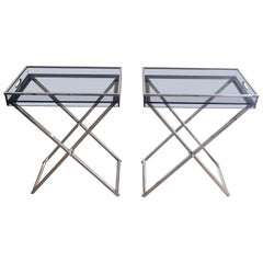 Pair of Side Tables made of Folding Chrome Bases with Blueish Lucite Tops