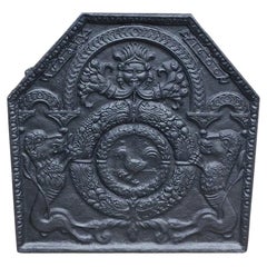 French Cast Iron Fire Back with Flanking Lions & Rooster Coat of Arms, C. 1600