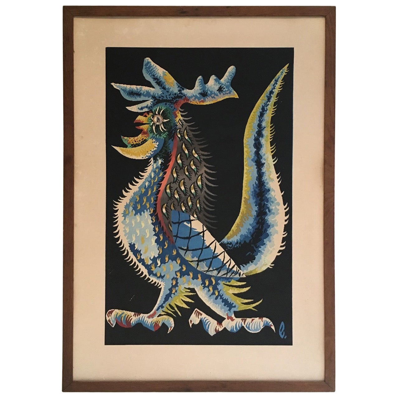 Rooster Printing, French Work Signed by Jean Lurçat. Circa 1970 For Sale