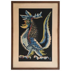 Antique Rooster Printing, French Work Signed by Jean Lurçat. Circa 1970