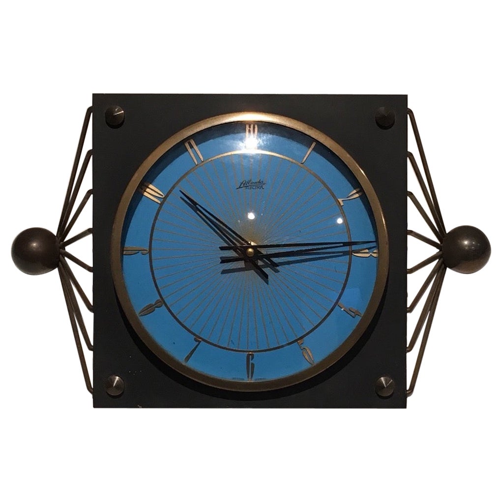 Lacquered Metal, Brass and Glass Clock, Circa 1950