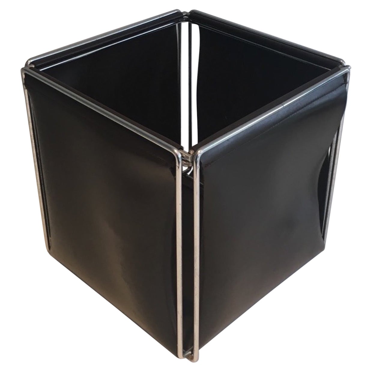 Chrome and Faux-Leather Waste Paper Basket, French Work, Circa 1970 For Sale