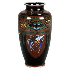 Antique Japanese Enameled Vase with Bird & Bee, Signed  Cloissone, Circa 1920