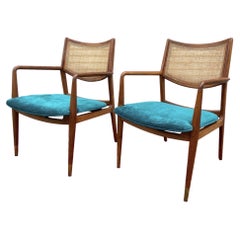 Newly Upholstered Mid-Century Modern Cane Back Arm Chairs, a Pair