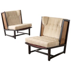 Edward Wormley Wing Lounge Chairs for Dunbar Model 6016 Pair in Cane & Mahogany