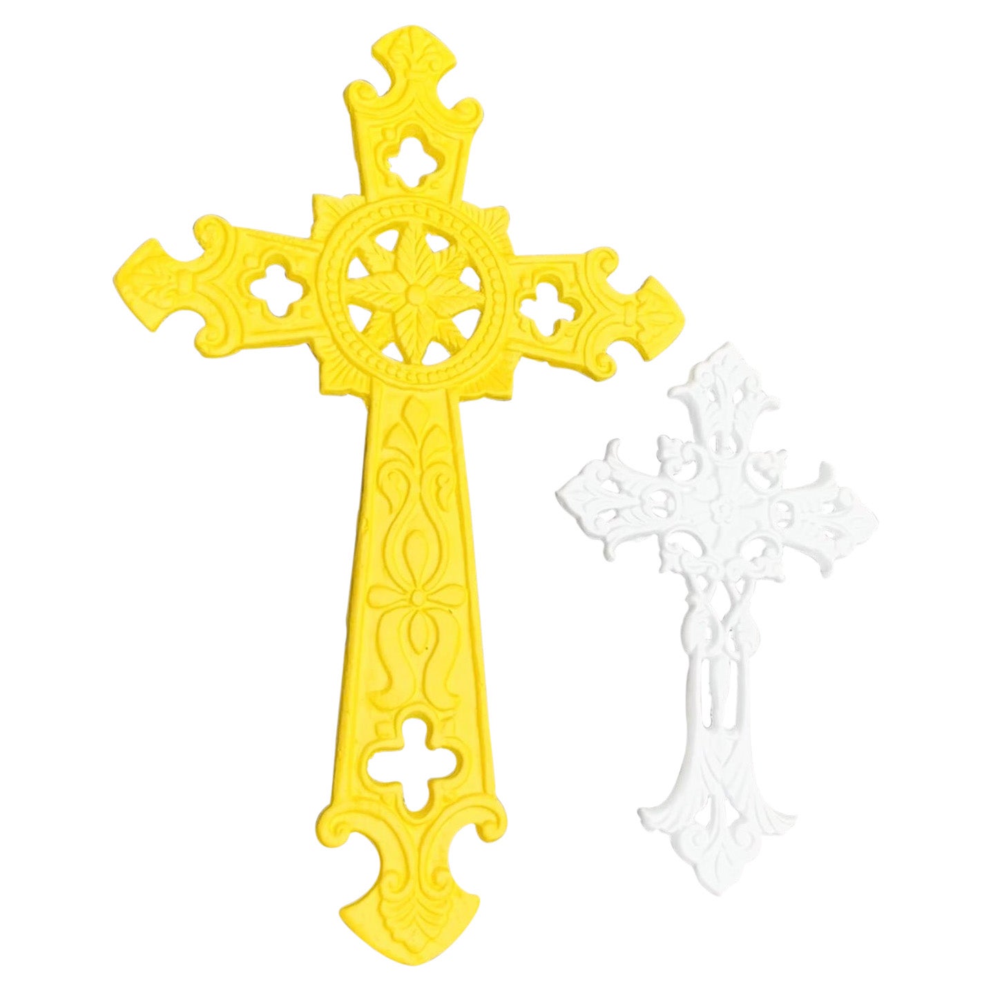 Satz mit zwei pulverbeschichteten Kruzifixen in Gelb und Weiß im Angebot
