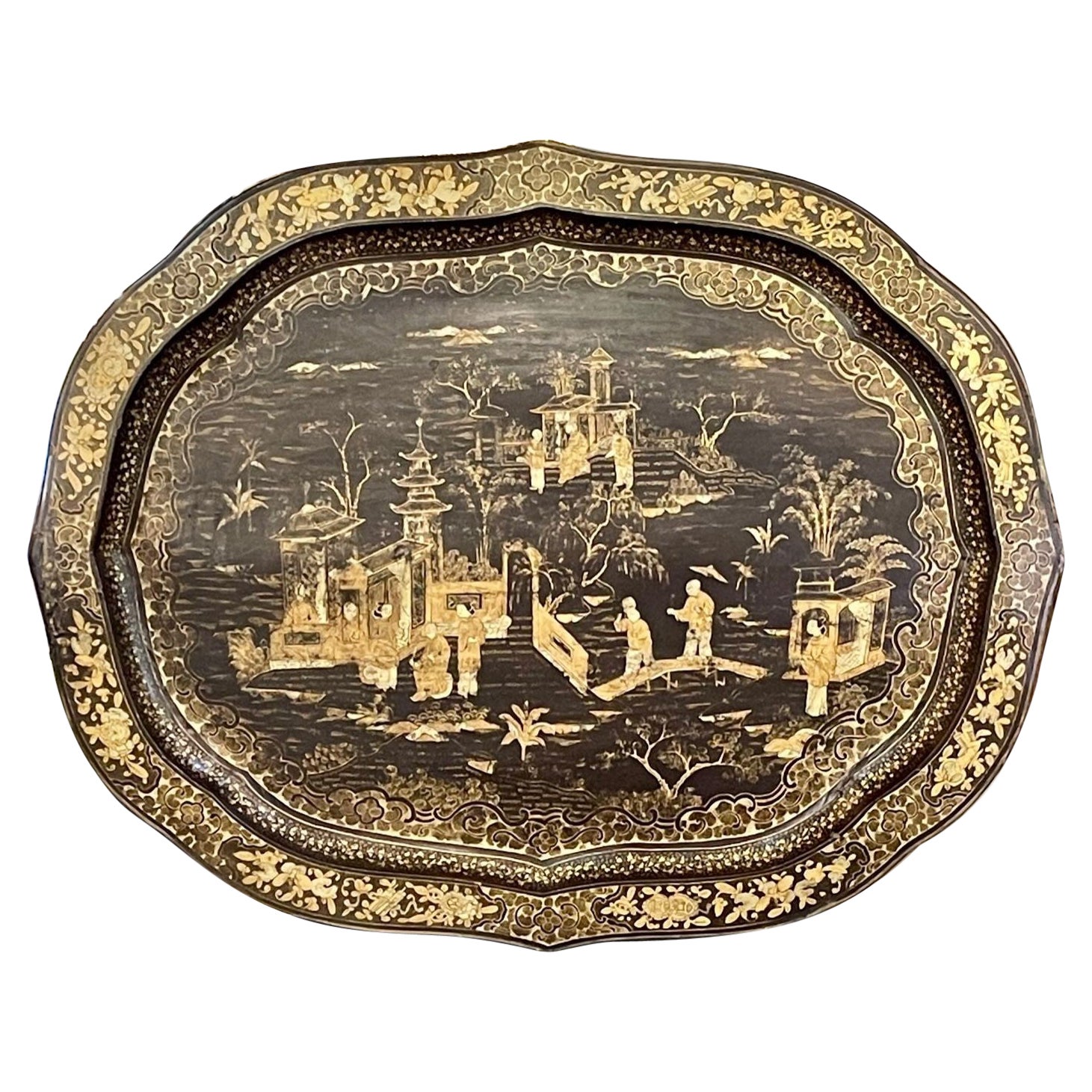 19th Century English Chinoiserie Decorated Tray For Sale