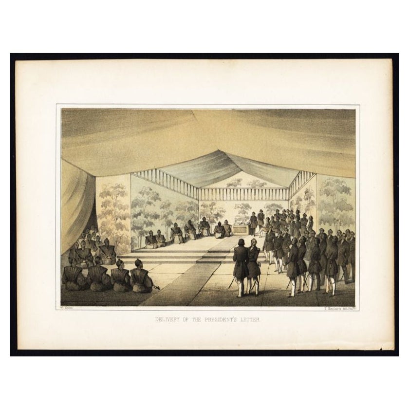 Original Old Print of the American Perry Delegation in Japan by Hawks, 1856 For Sale