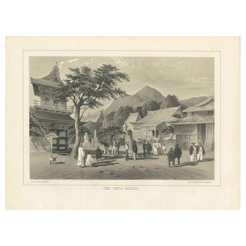 Antiker Druck des Kaiser Tempels in Hakodate in Japan, 1856