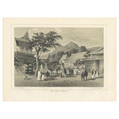 Antiker Druck des Kaiser Tempels in Hakodate in Japan, 1856