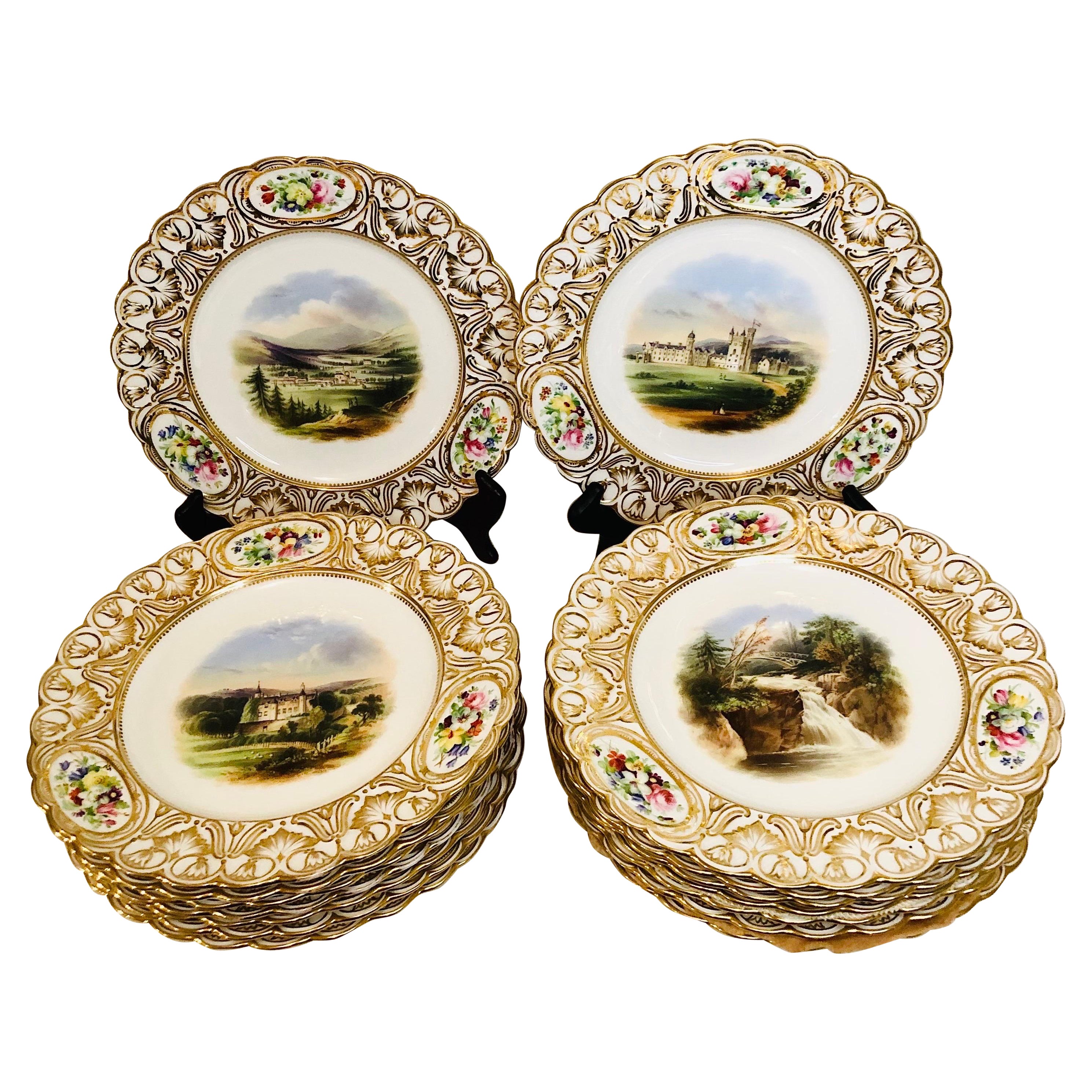 Set of 16 19th Century Coalport Plates Each Hand-Painted with Magnificent Scenes
