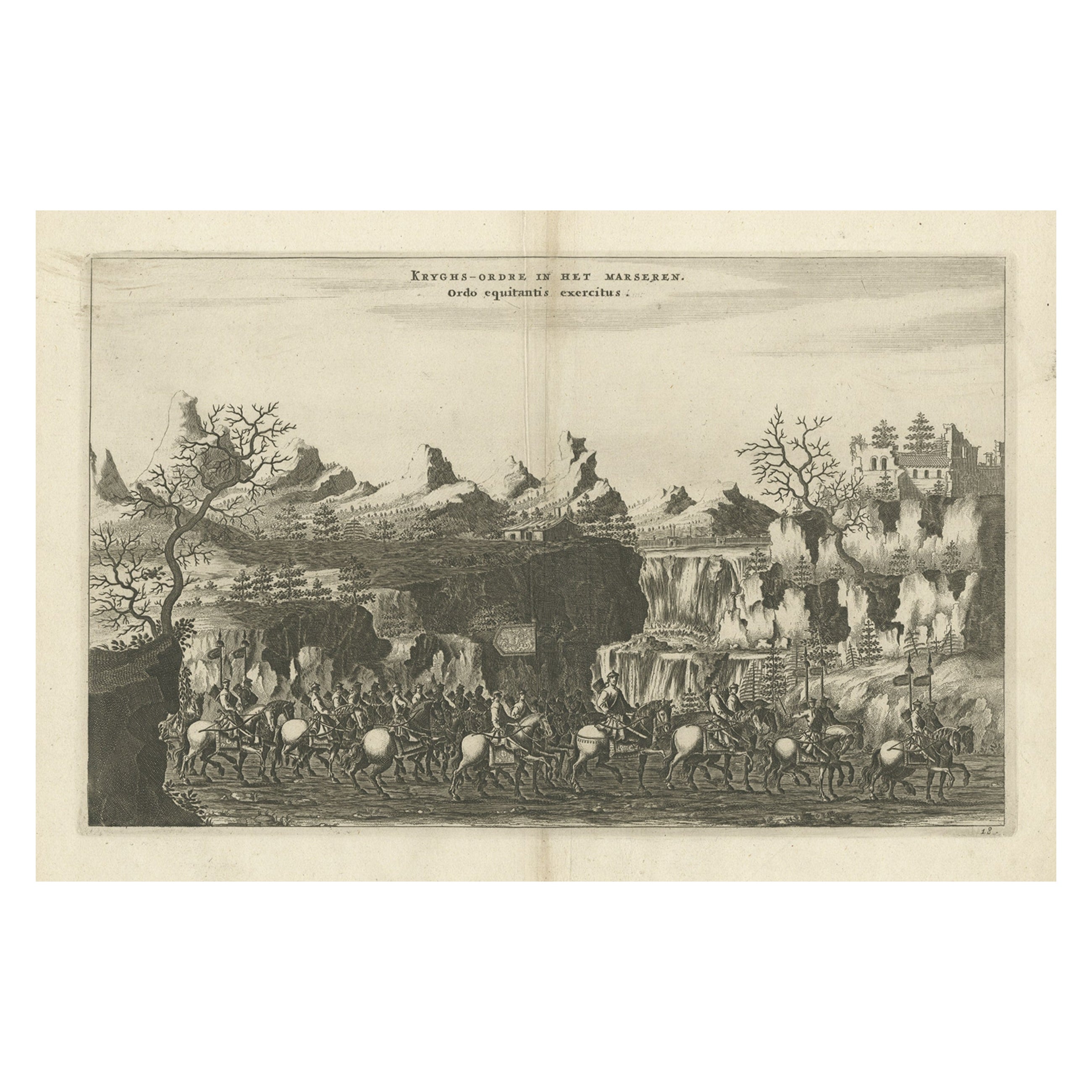 Raro grabado antiguo de la caballería china, 1668