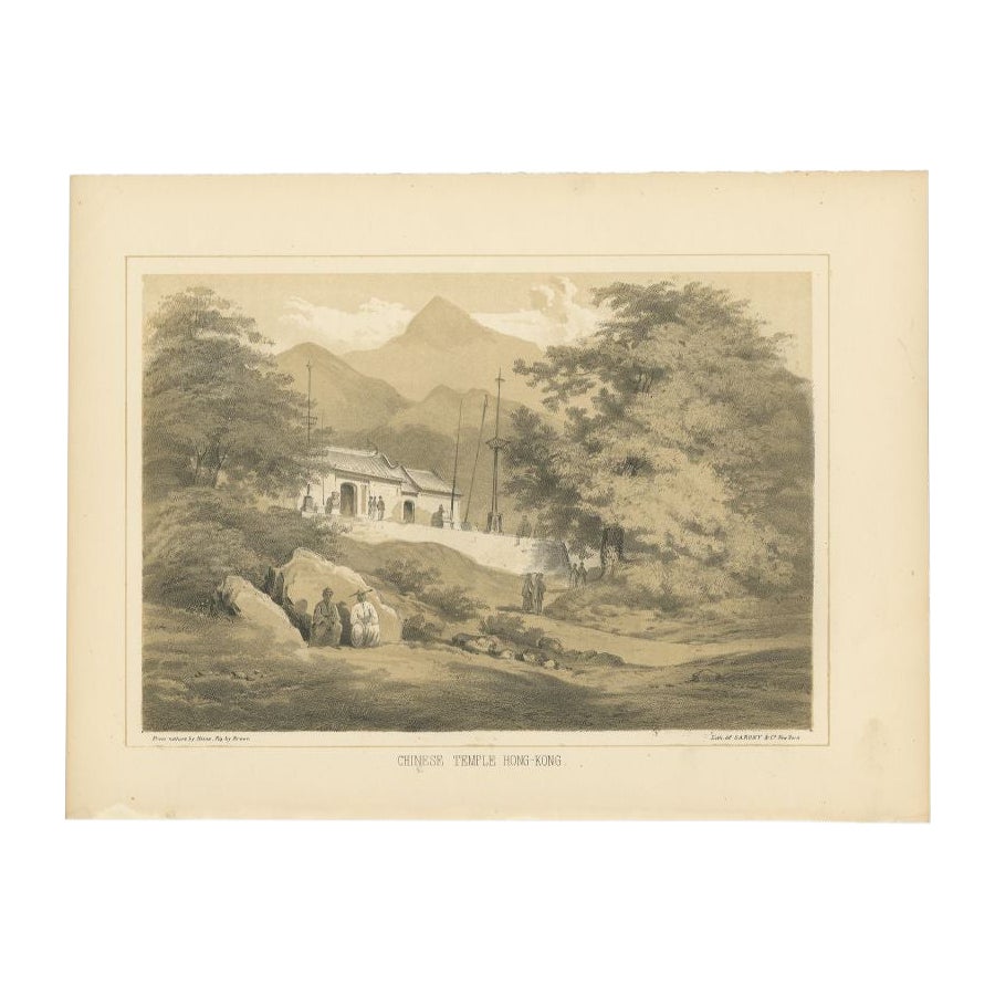 Antique Print of the Chinese Temple in Hong Kong by Hawks, 1856 For Sale