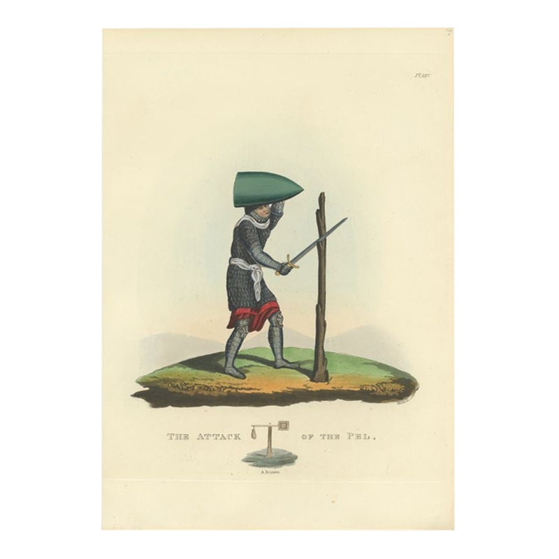Antique Print of the Attack of the Pel with a Soldier Attacking a Quintain, 1842 For Sale