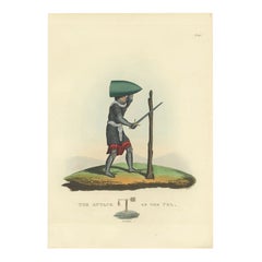 Grabado Antiguo del Ataque del Pel con un Soldado Atacando a un Quintain, 1842