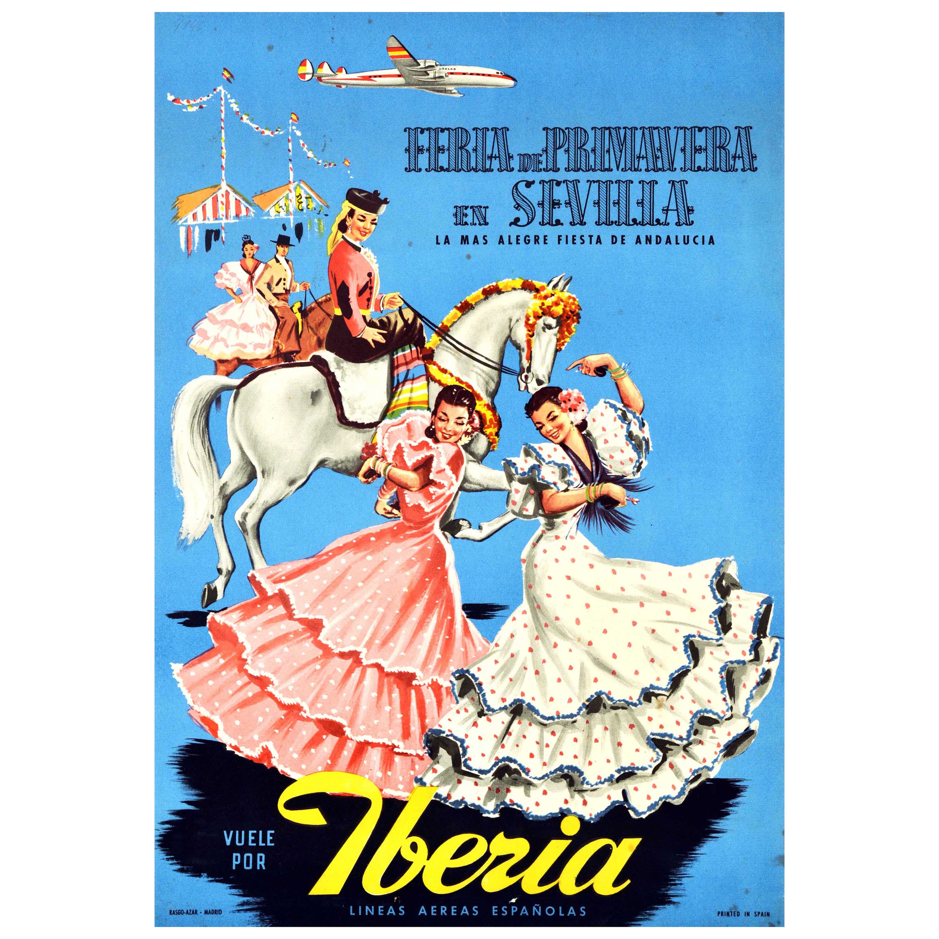 Affiche rétro originale de voyage d'Iberia Airlines pour Fiera De Primavera, Sevilla, Espagne en vente