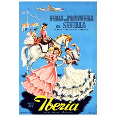 Original Vintage Iberia Airlines Travel Poster Fiera De Primavera Sevilla Spain