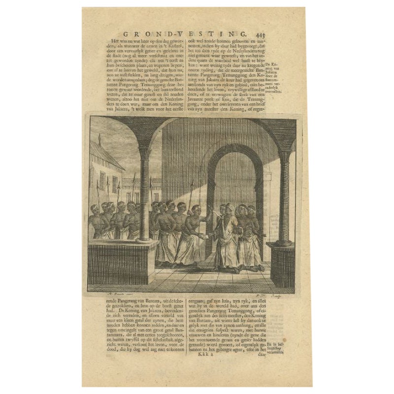 Stampa antica dell'Attacco al re di Giacarta di Valentijn, 1726