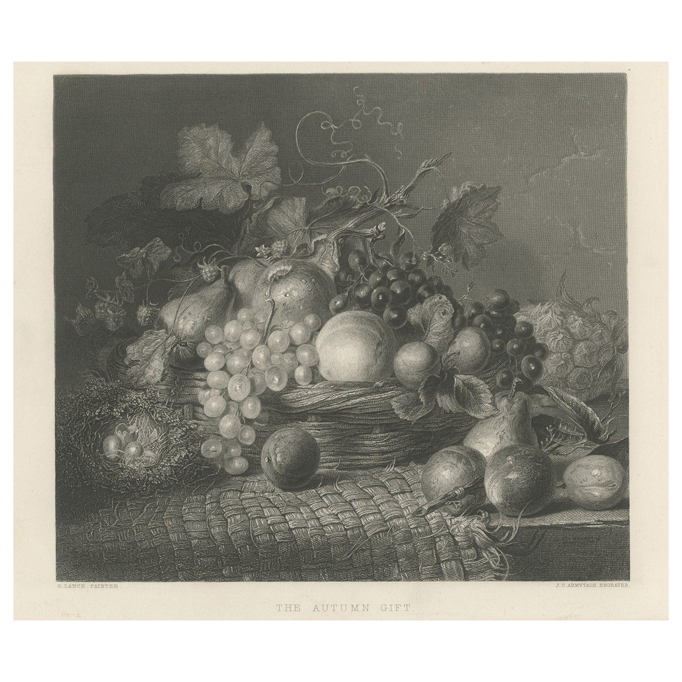 Antiker Druck eines Stilllebens mit einem Korb mit Herbstfrüchten und Trauben, um 1860