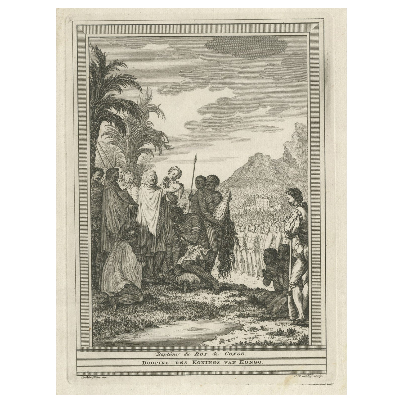 Impression ancienne du baptême du roi du Congo en Afrique, 1747